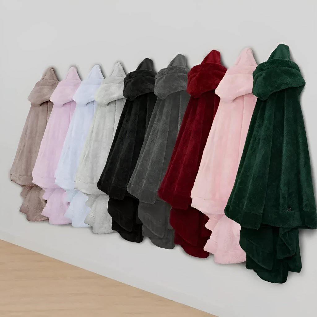A thick, hooded polyester bathrobe in a cardigan style with long sleeves, shown in a solid colour.
