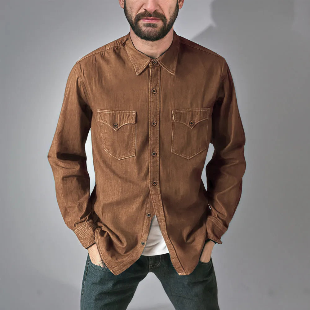 Men's regular fit denim cardigan coat in khaki on a hanger