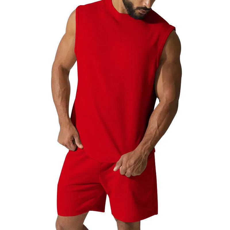 Men's sleeveless sports suit with cotton blend fabric in multiple solid colour options