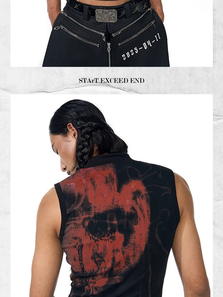 Black slim-fit sleeveless t-shirt with half turtleneck collar and white character print on chest.