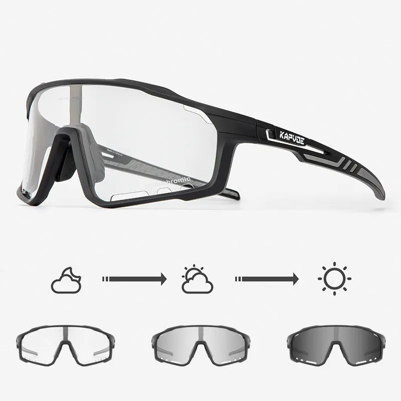 Photochromic cycling sunglasses with a semi-rimless TR90 frame in one of fourteen colour options.