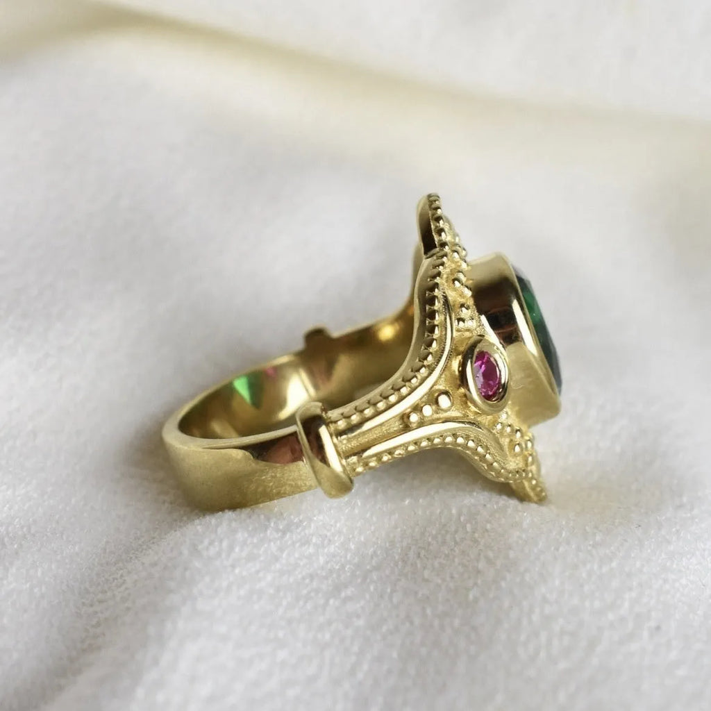 Golden geometric women's fashion ring on a plain background, showing its gold-plated alloy construction and ins style design.