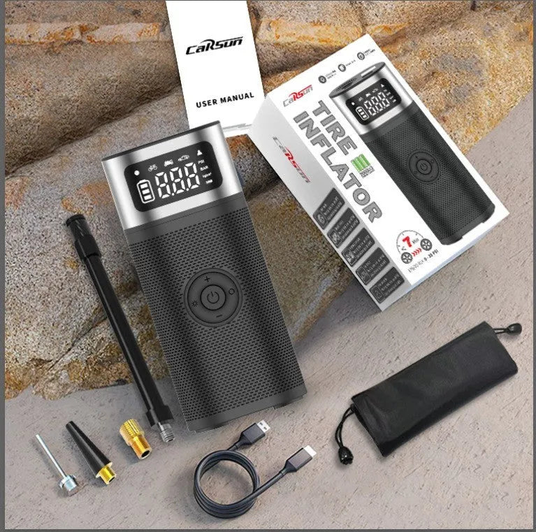 Black portable wireless smart vehicle air pump with LED light and USB cable