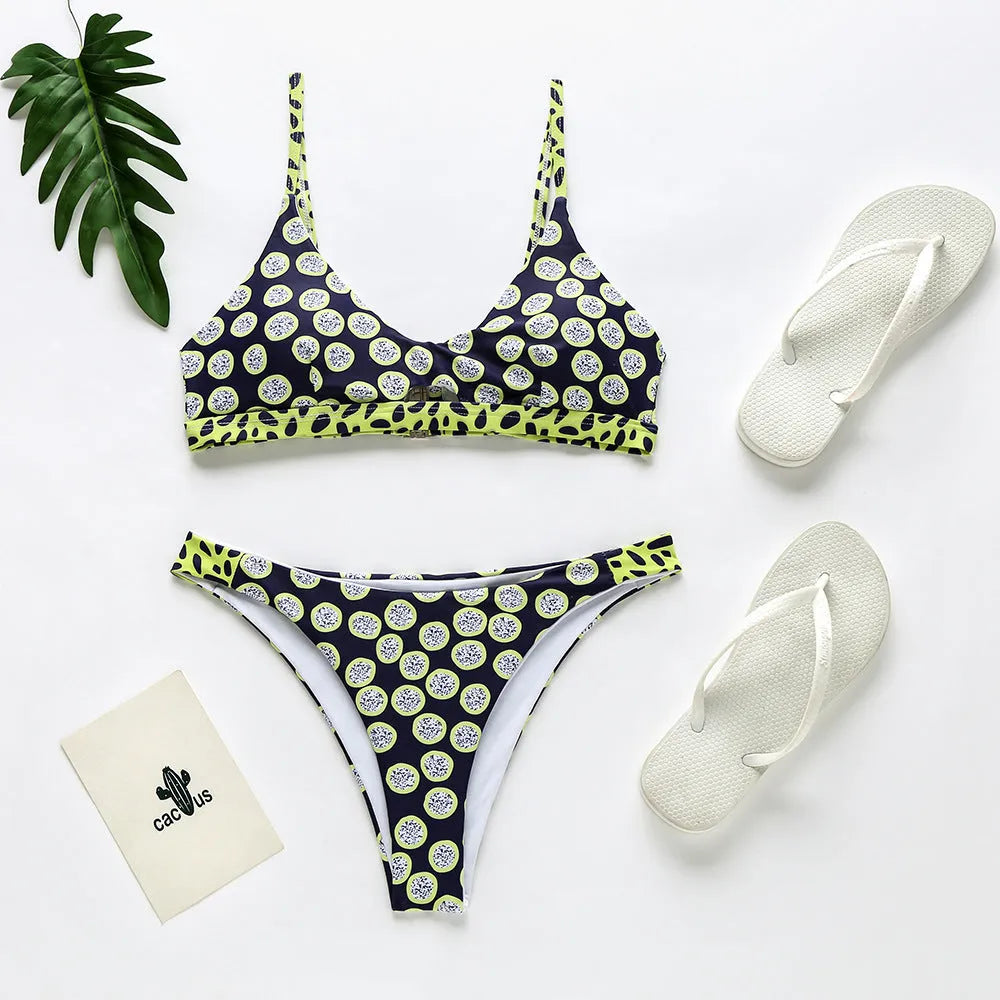 Women's bikini set in black and white polka dots or red and white stripes pattern