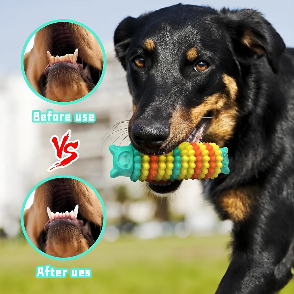 Blue caterpillar-shaped rubber dog chew toy for aggressive chewers on wooden floor