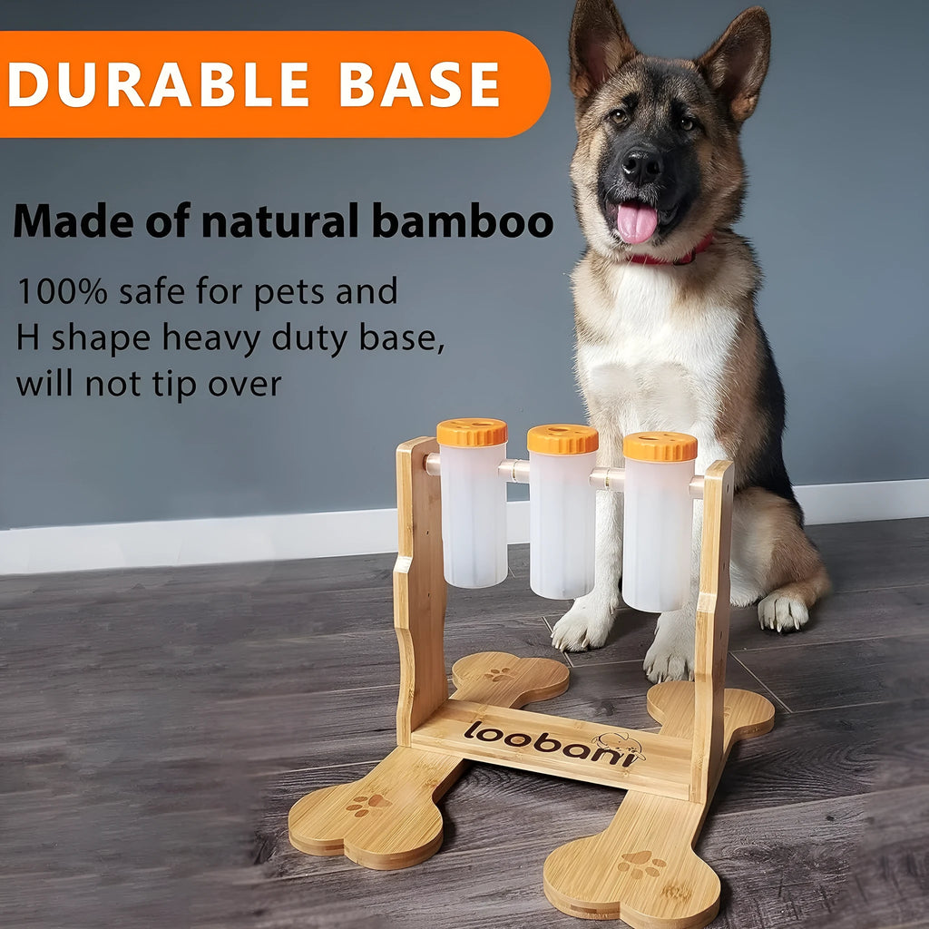 Natural wood colour interactive dog puzzle toy snack dispenser feeder on floor