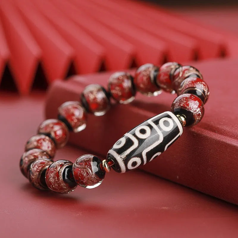 Chinese style bracelet with colourful glaze beads and a central snake charm, showing 10mm bead size option.