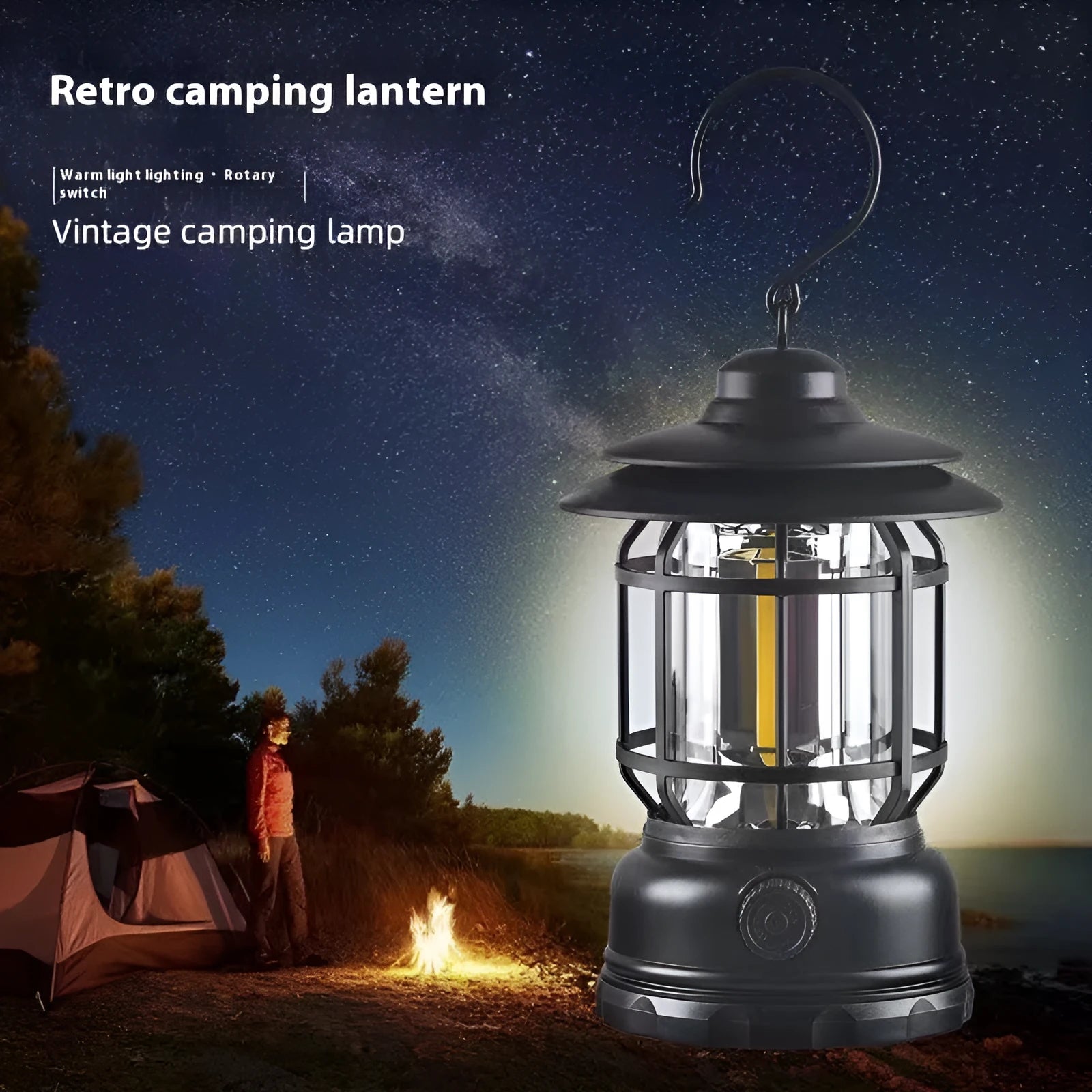 Portable camping lantern in dark green, black, or red with battery power options