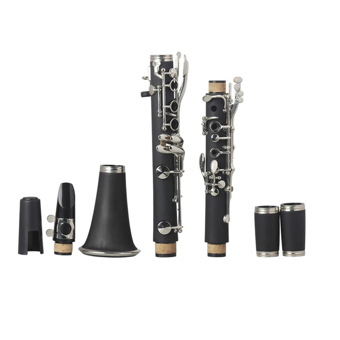 Black bakelite beginner clarinet with 17 nickel-plated keys next to its included carrying bag.