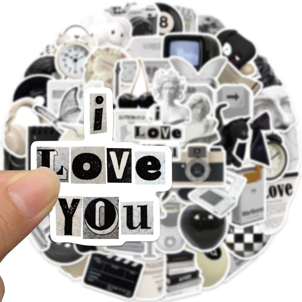 61 black and white waterproof vinyl stickers with coffee and tea cup designs for laptops and phones