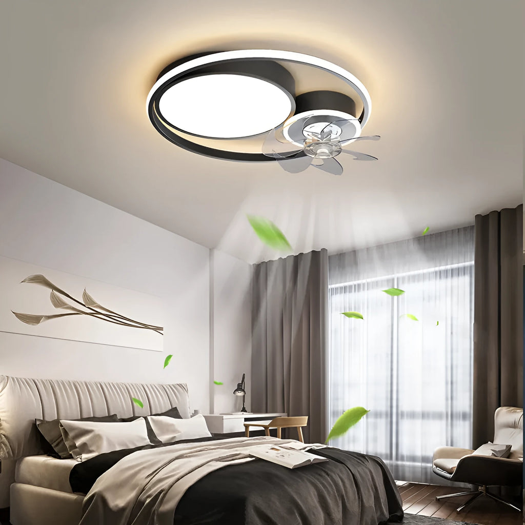 Nordic style ceiling fan with integrated acrylic light shade, 48cm diameter in black finish