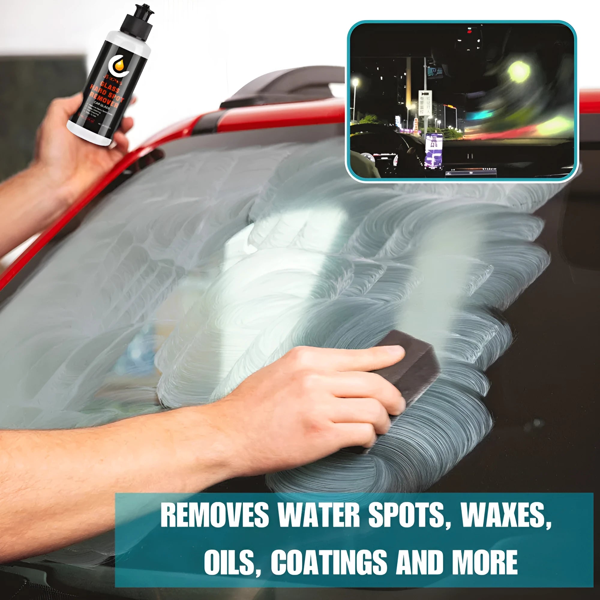 Tube of glass oil film remover cleaning cream in 50ml, 100ml, or 200ml size for car and home windows.