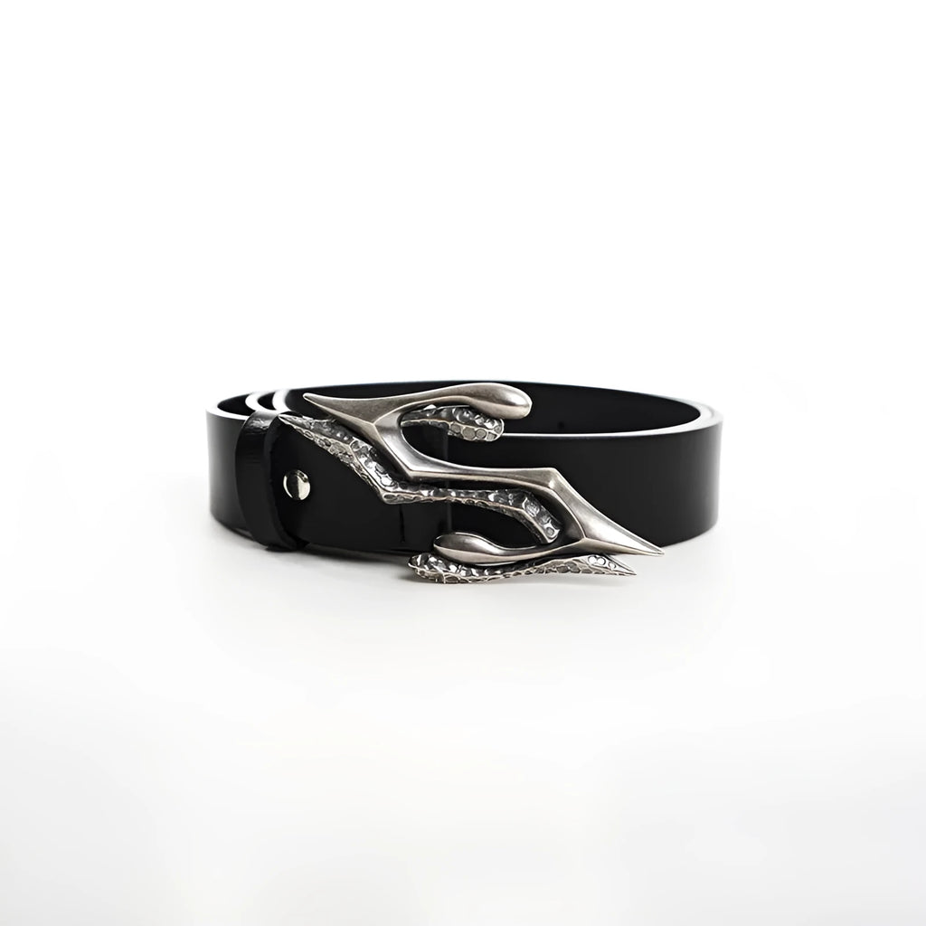 Black men's leather belt with metal letter detailing showing two-layer cowhide construction and adjustable buckle