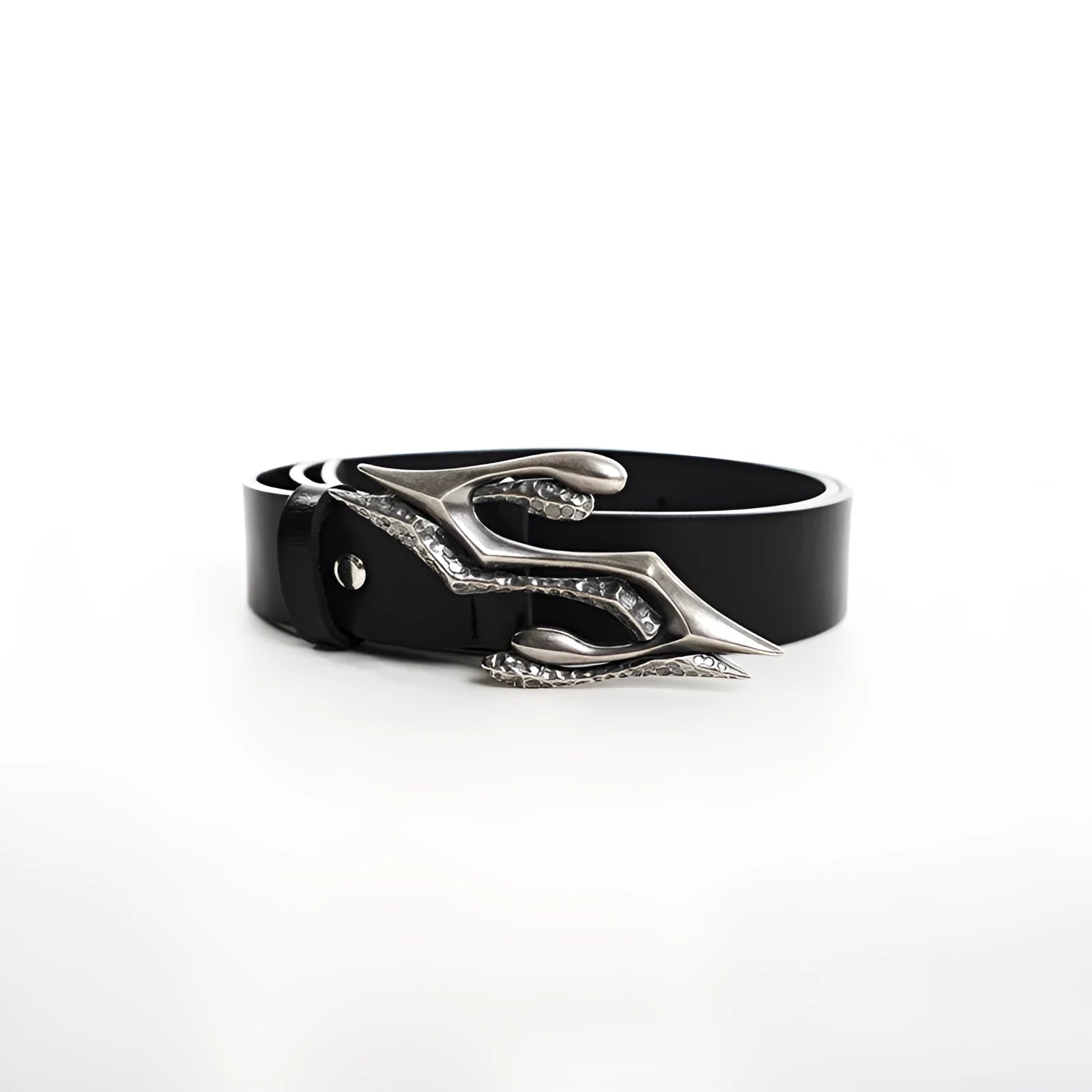 Black men's leather belt with metal letter detailing showing two-layer cowhide construction and adjustable buckle