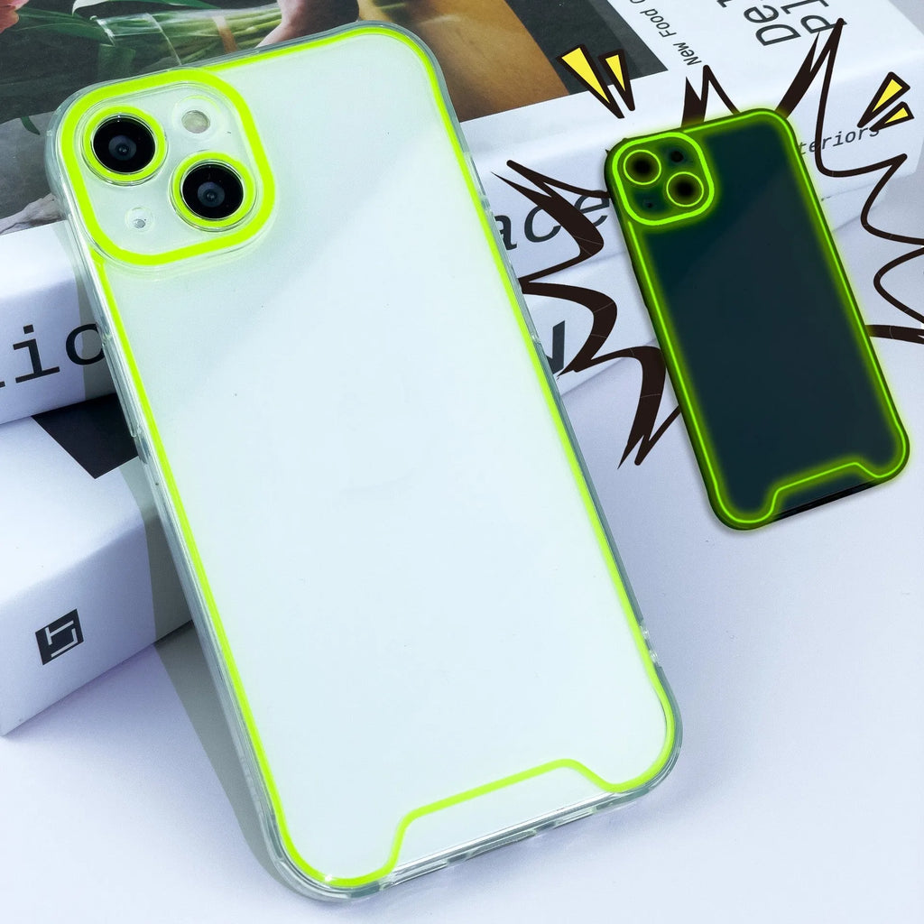 Glow in the dark Christmas phone case for iPhone in green, orange, blue, yellow, and pink colours.