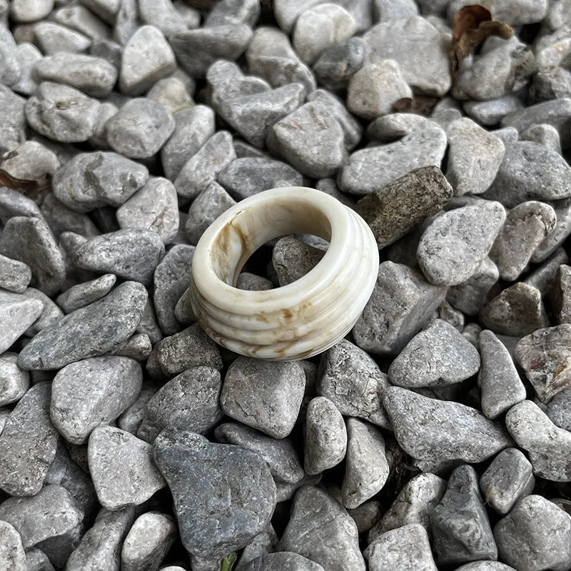 Chinese style irregular geometric resin wide ring in earthy brown and white colour variations