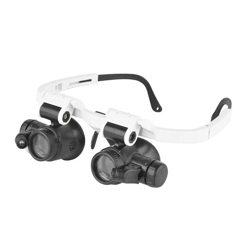 White head mounted magnifying glass with 30x optical glass lens and LED light for repair work