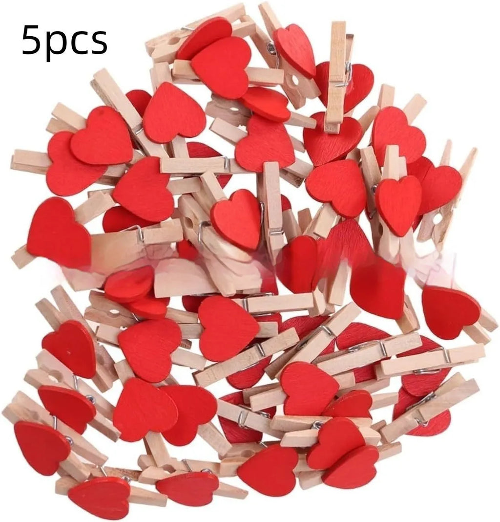 Set of five handmade solid wood heart-shaped clips in red, pink, white, and yellow.