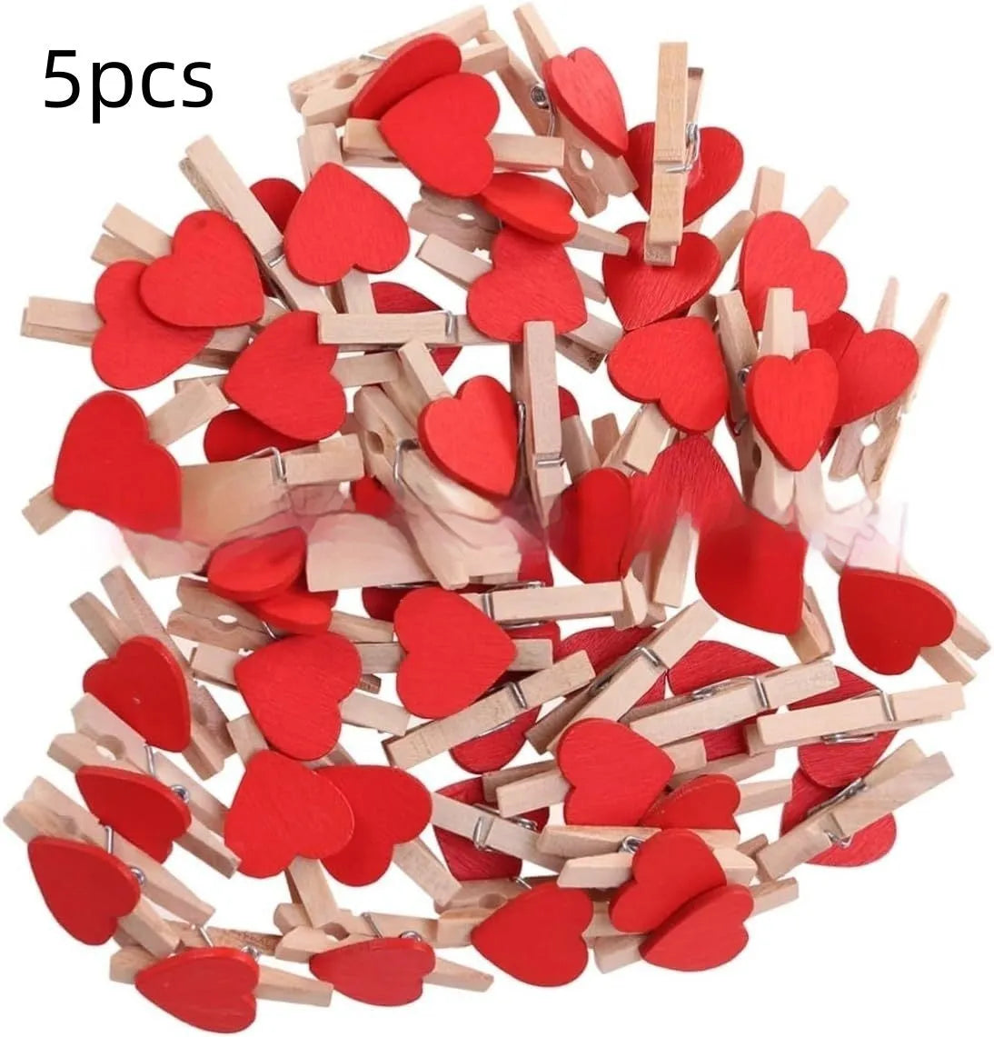Set of five handmade solid wood heart-shaped clips in red, pink, white, and yellow.