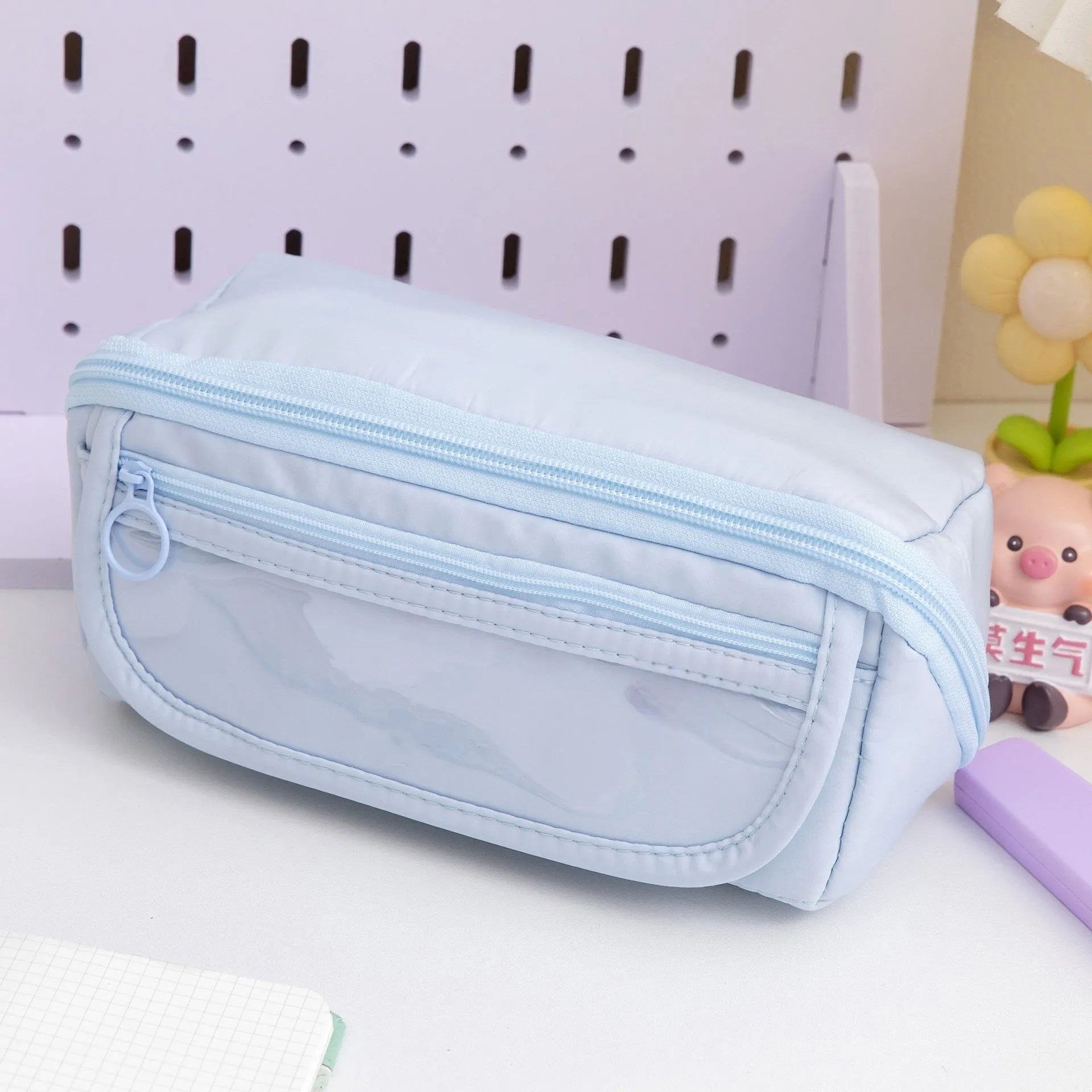 Canvas pencil case with multi-layer flip design in Korean style showing six colour options