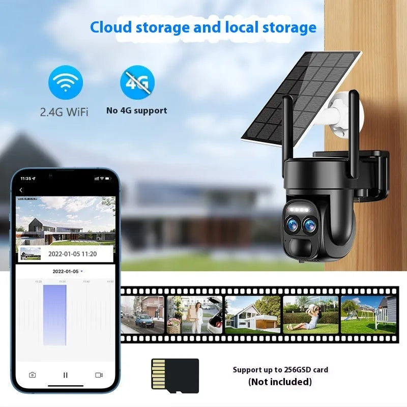 Solar panel security camera with 8x zoom lens for outdoor home monitoring