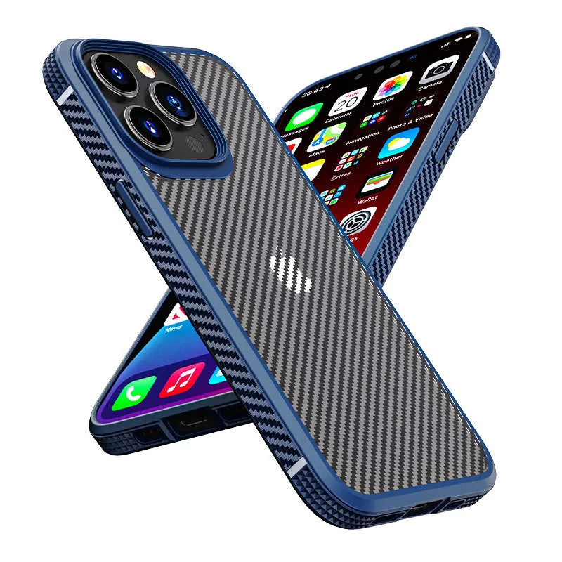 Black iPhone 13 protective case with carbon fibre pattern showing front and back views