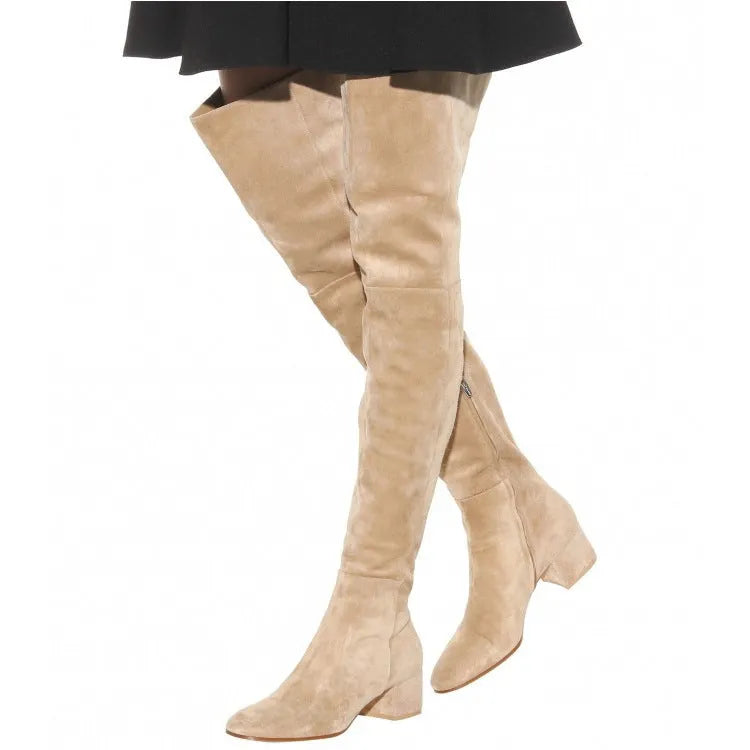 Women's grey suede over-the-knee flat boots with pointed toe and low thick heel