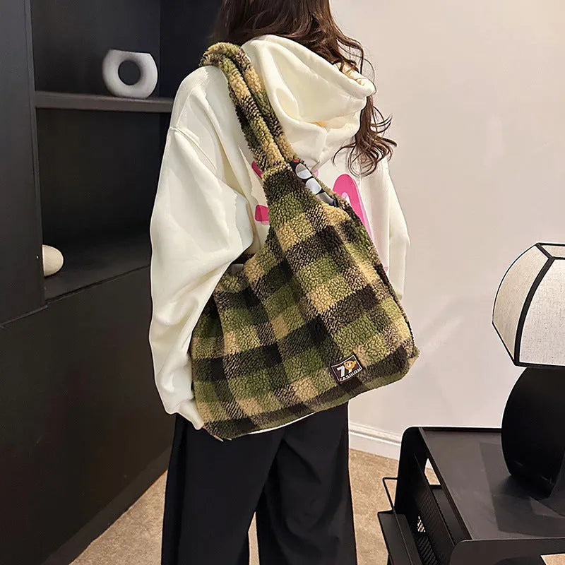Army green plaid plush women's crossbody tote bag showing large capacity and zip interior.