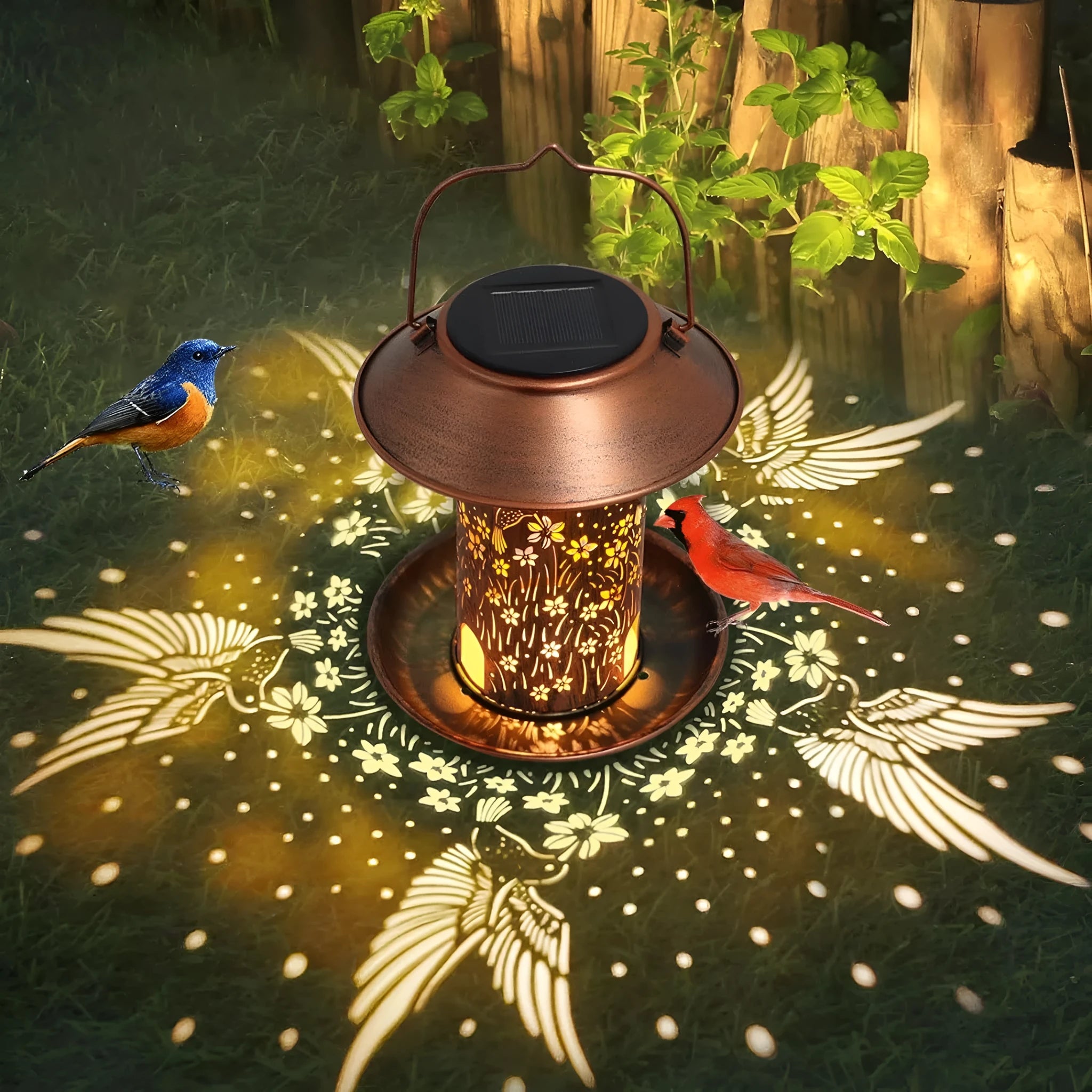 Solar-powered iron bird feeder with hummingbird pattern and LED lights for outdoor garden use