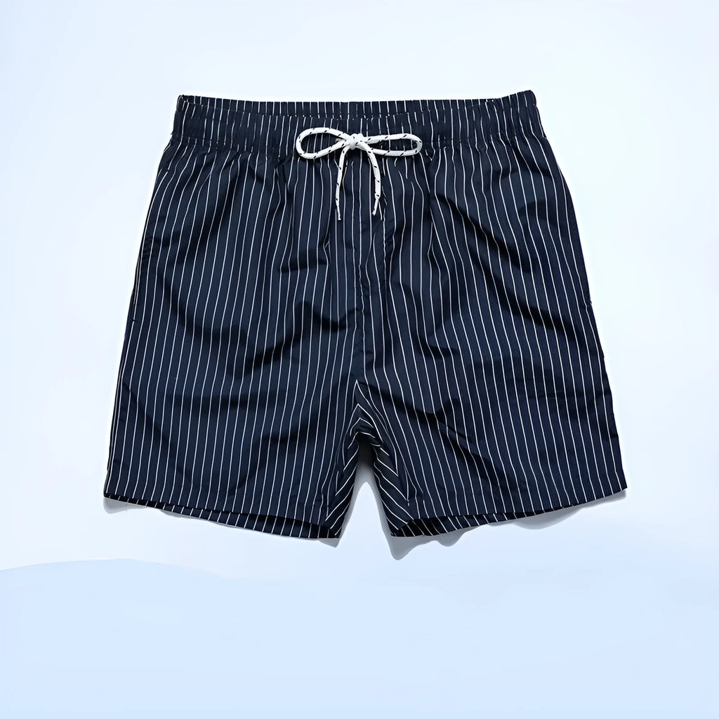 Men's striped beach shorts in navy blue, available in Asian sizes S to XXL with a straight-leg opening.