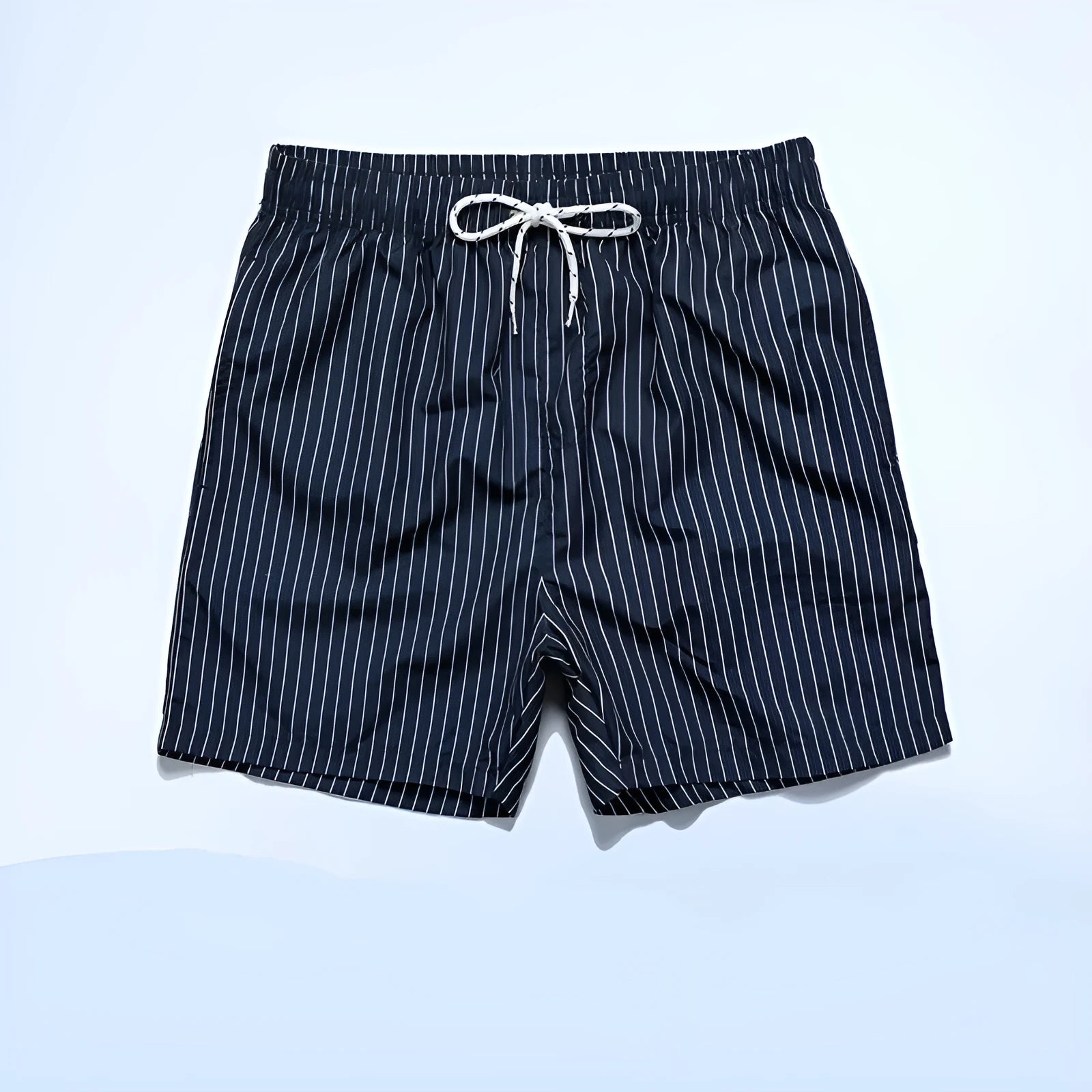 Men's striped beach shorts in navy blue, available in Asian sizes S to XXL with a straight-leg opening.