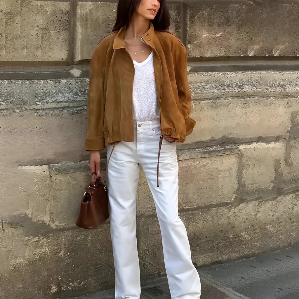 European and American retro loose-fit solid colour polyester jacket with long sleeves