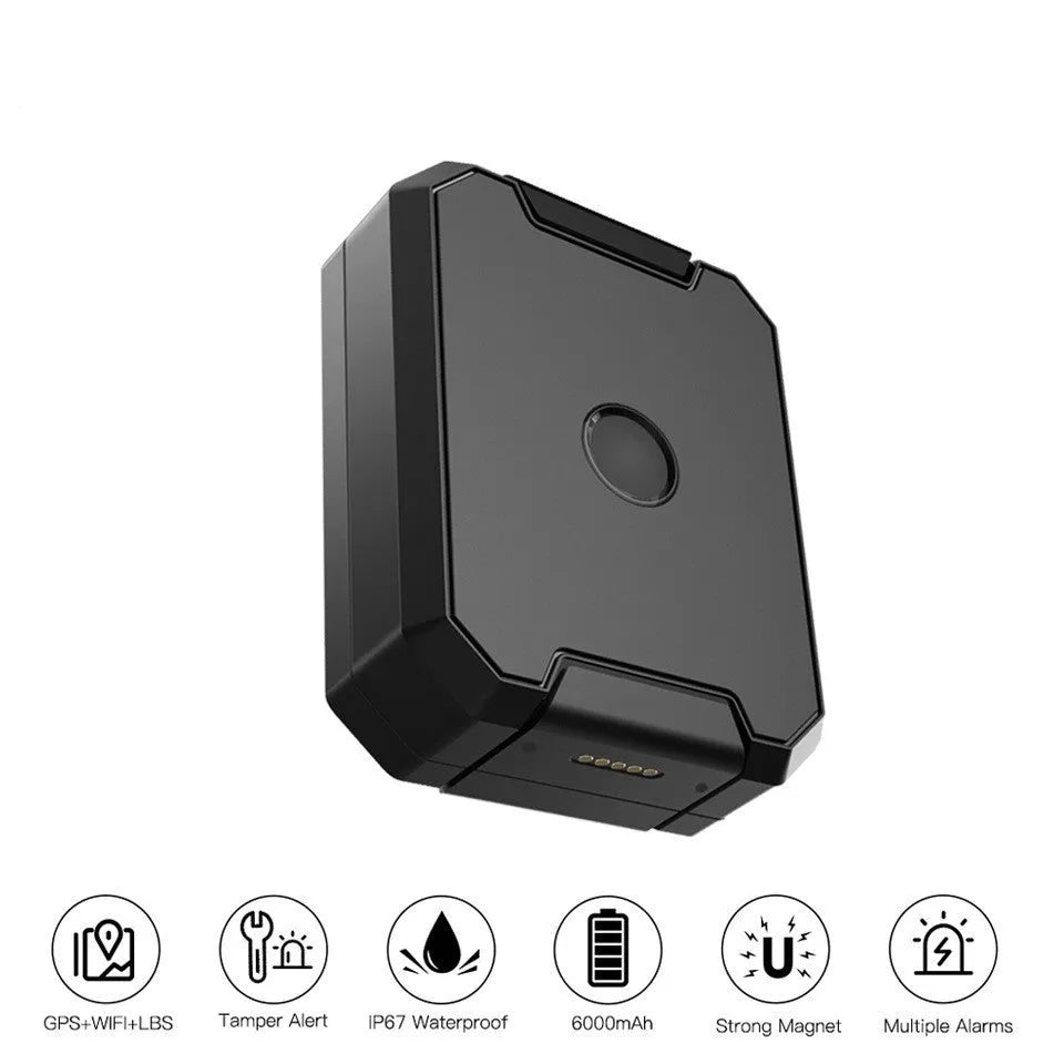 Black GPS car locator with 6000mAh battery and ceramic antenna for vehicle tracking.