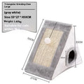 Triangular cat bed with fur covering in gray white or light brown beige colors featuring a scratching surface