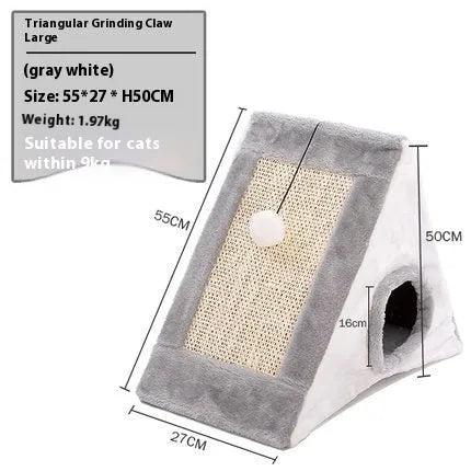 Triangular cat bed with fur covering in gray white or light brown beige colors featuring a scratching surface