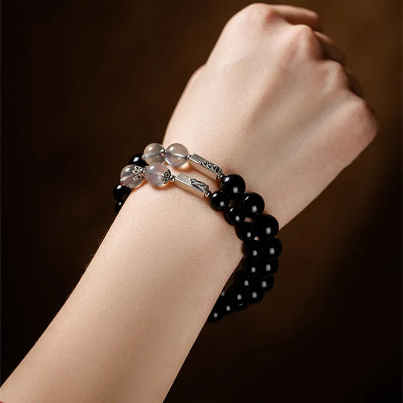 Obsidian Buddha beads DIY couple bracelet kit with 8mm and 10mm beads and thread.