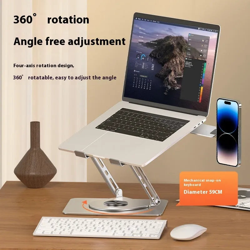 Silver carbon steel laptop stand with rotating top and a side-mounted magnetic mobile phone holder.