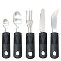 Stainless steel adaptive cutlery set with black rubber handles, showing a bendable spoon and fork.