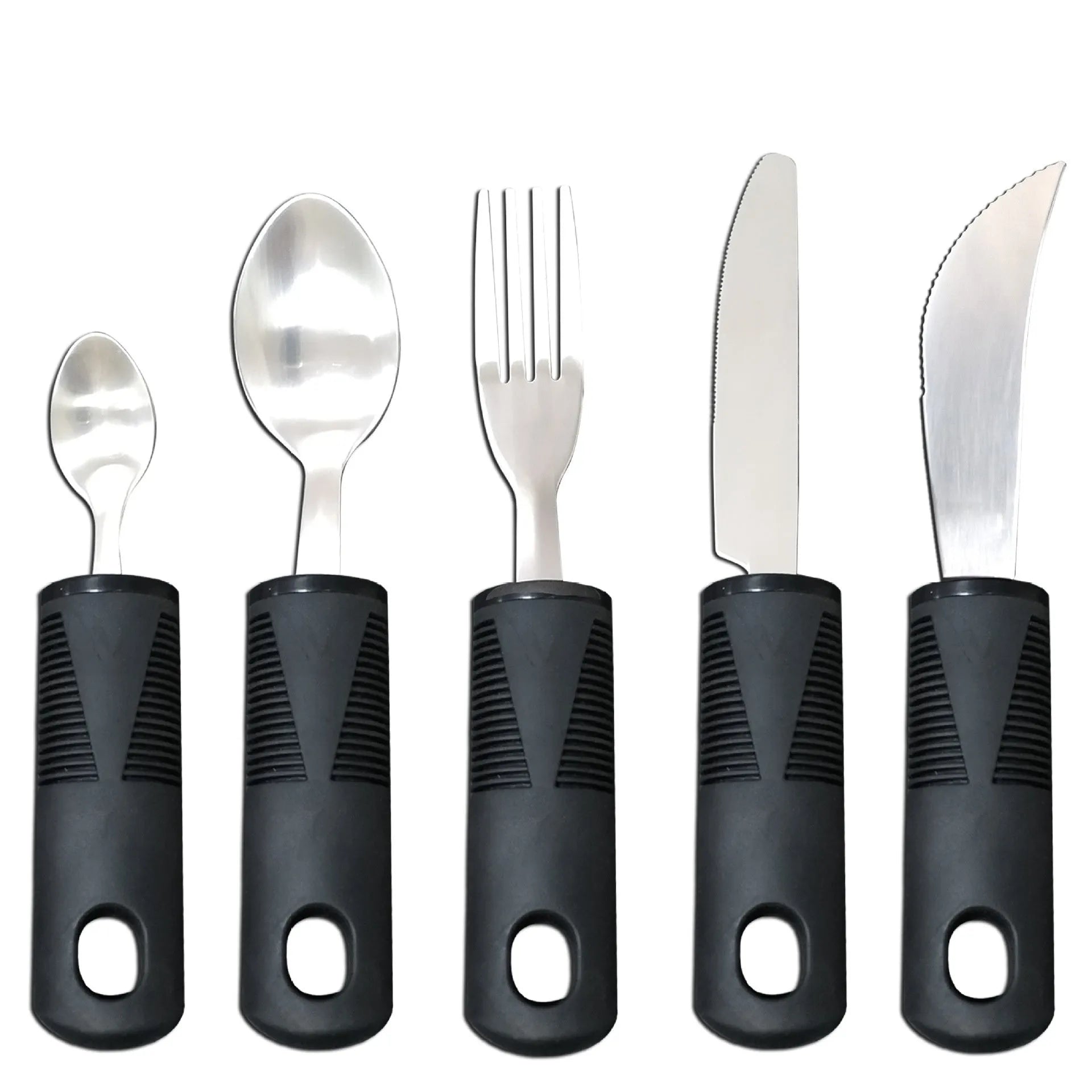 Stainless steel adaptive cutlery set with black rubber handles, showing a bendable spoon and fork.
