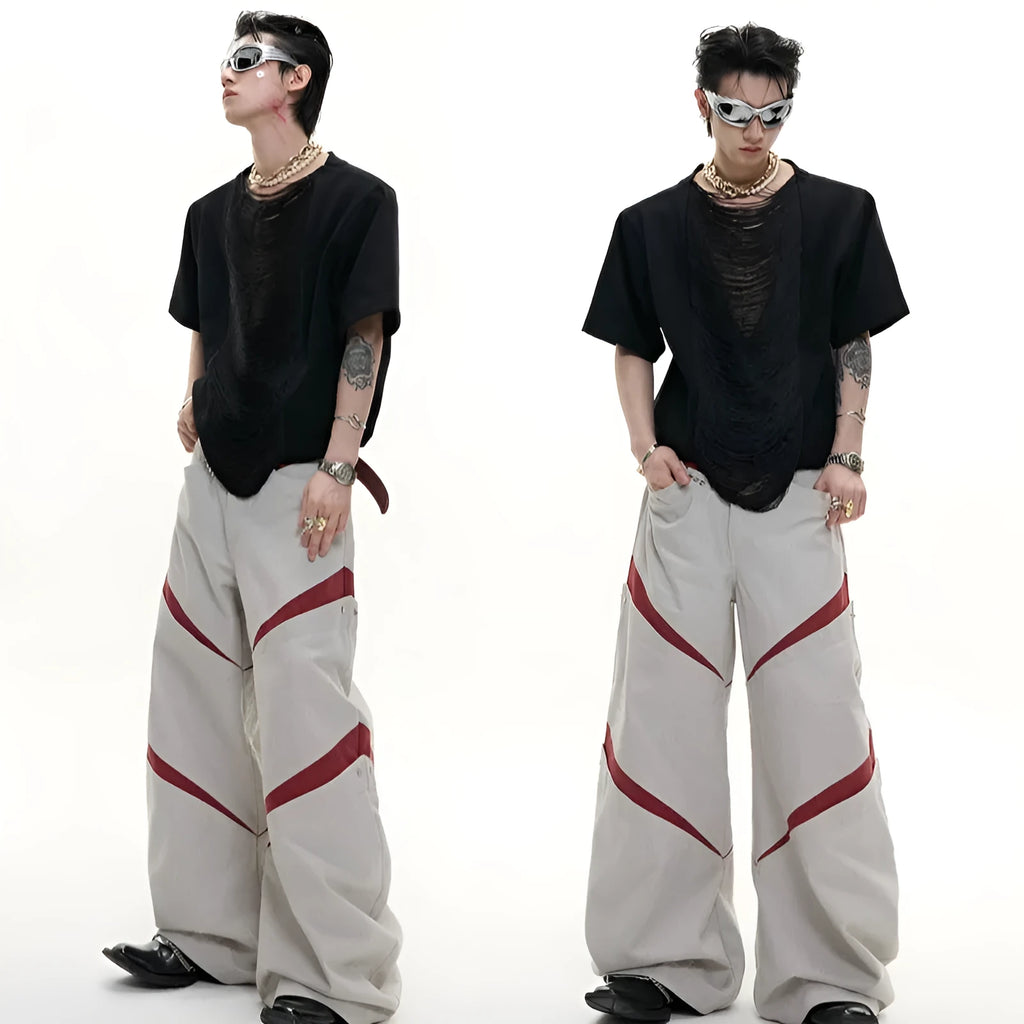 Men's black loose fit short sleeve T-shirt with V-neck hollow out collar