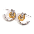 Gold electroplated stainless steel jewellery set comprising geometric earrings, bracelet and necklace.