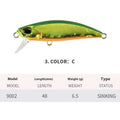 48mm long 6.5g hard fishing lure for mino techniques, shown in one of fourteen available colours.