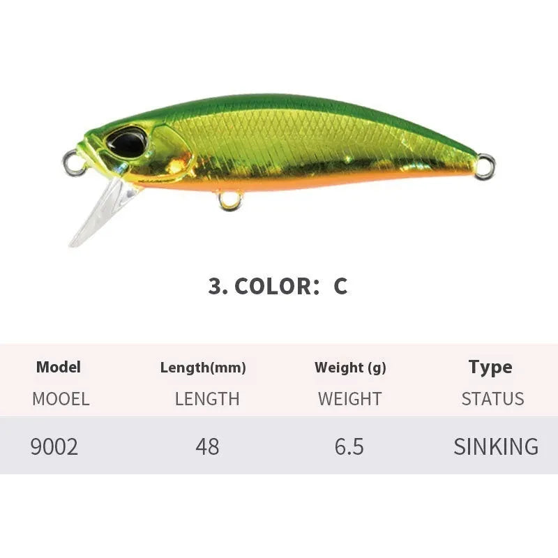 48mm long 6.5g hard fishing lure for mino techniques, shown in one of fourteen available colours.