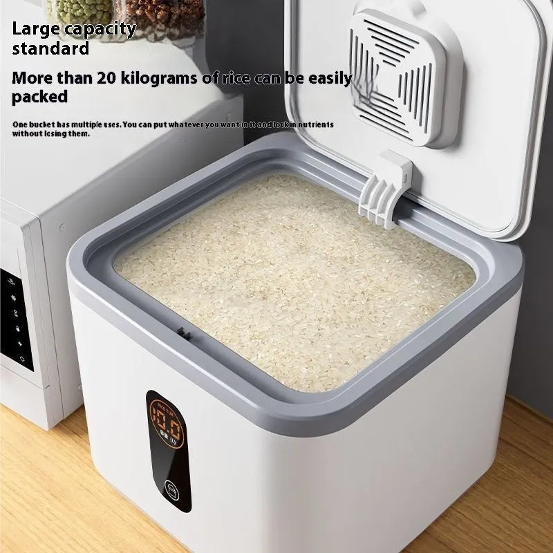Grey plastic sealed rice storage container with measuring cup in three capacity sizes for kitchen use