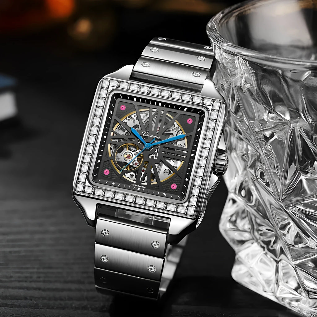 Men's square automatic watch with diamond-studded design on black leather strap