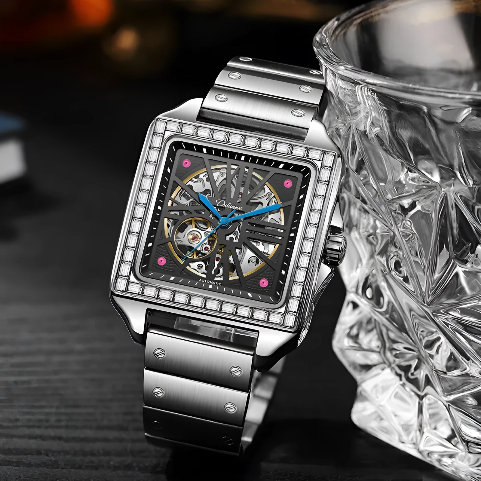 Men's square automatic watch with diamond-studded design on black leather strap