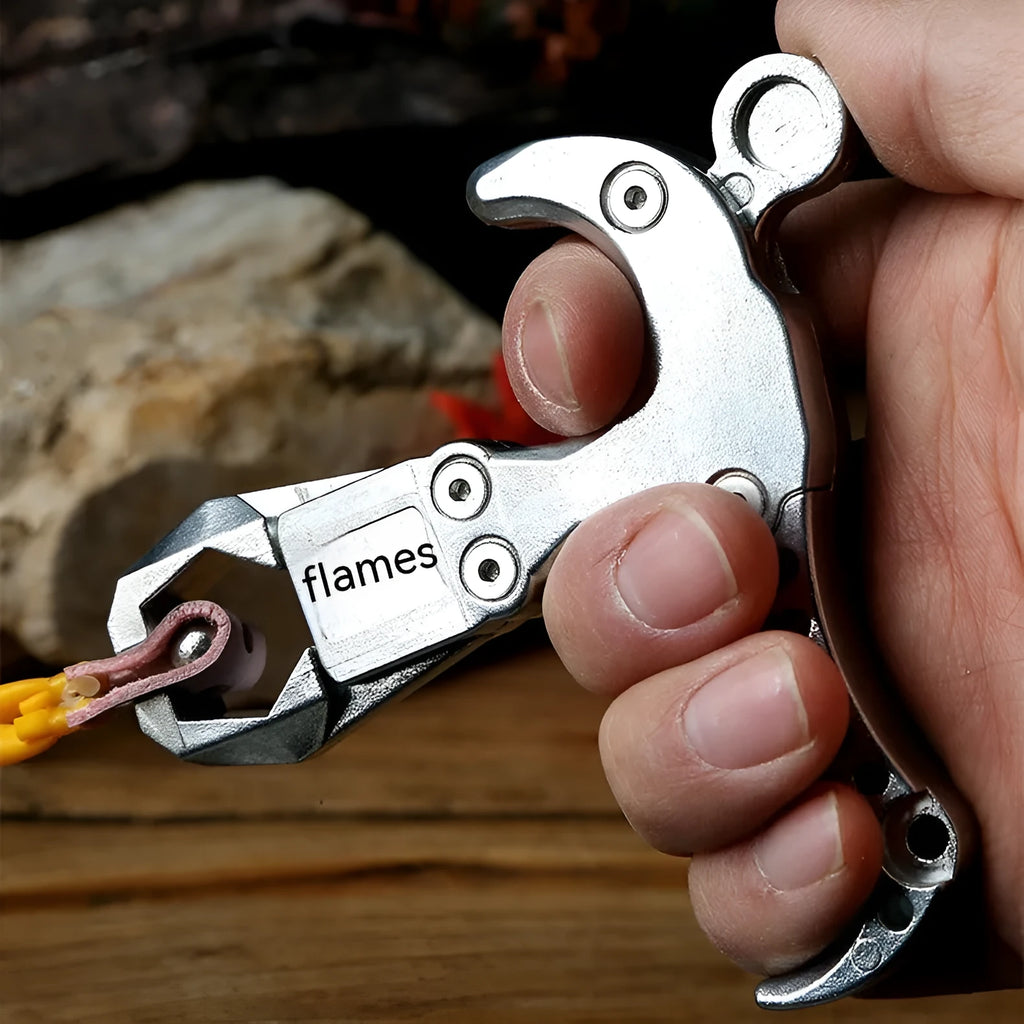 Close-up of a zinc alloy archery release aid with a two-axis harpoon clip mechanism.