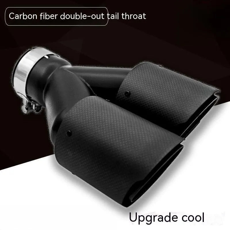 Black carbon fibre double outlet car exhaust pipe silencer nozzle measuring 250mm for vehicle modifications