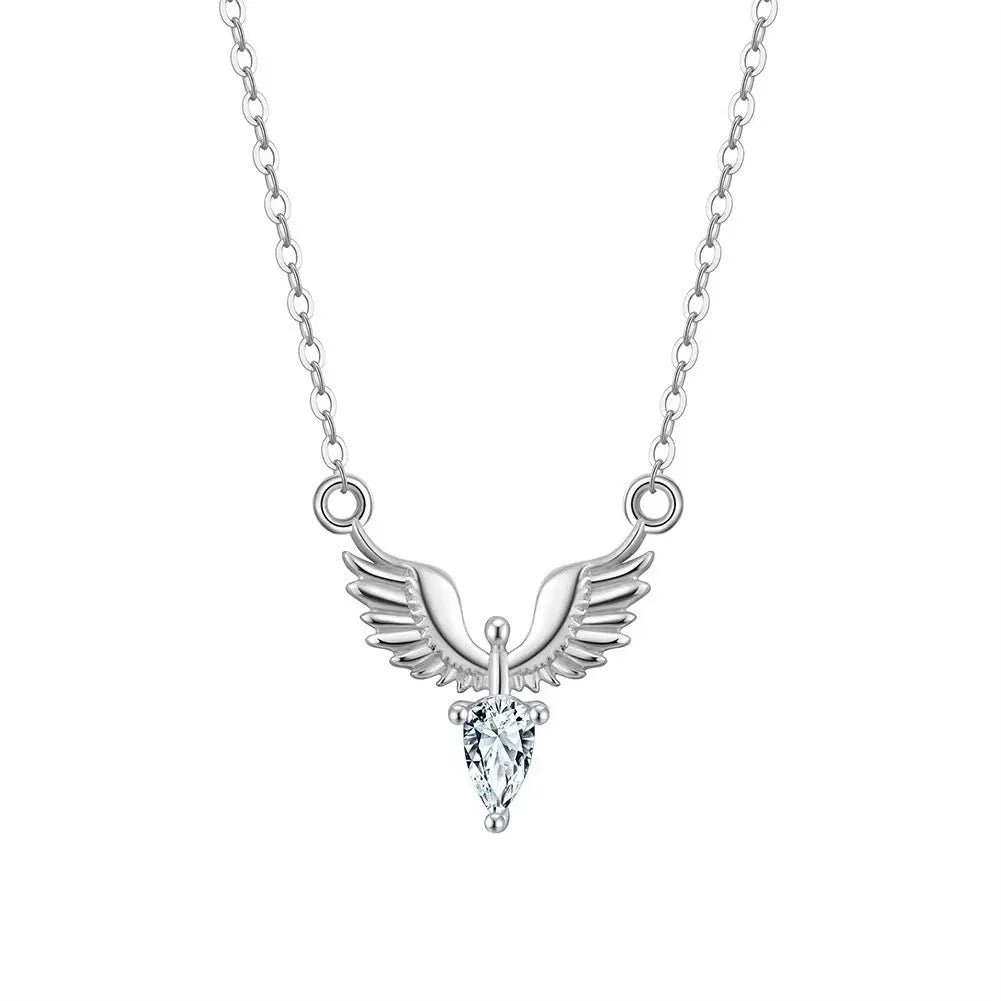 Women's silver eagle pendant necklace with adjustable O-ring chain in white gold or yellow gold finish