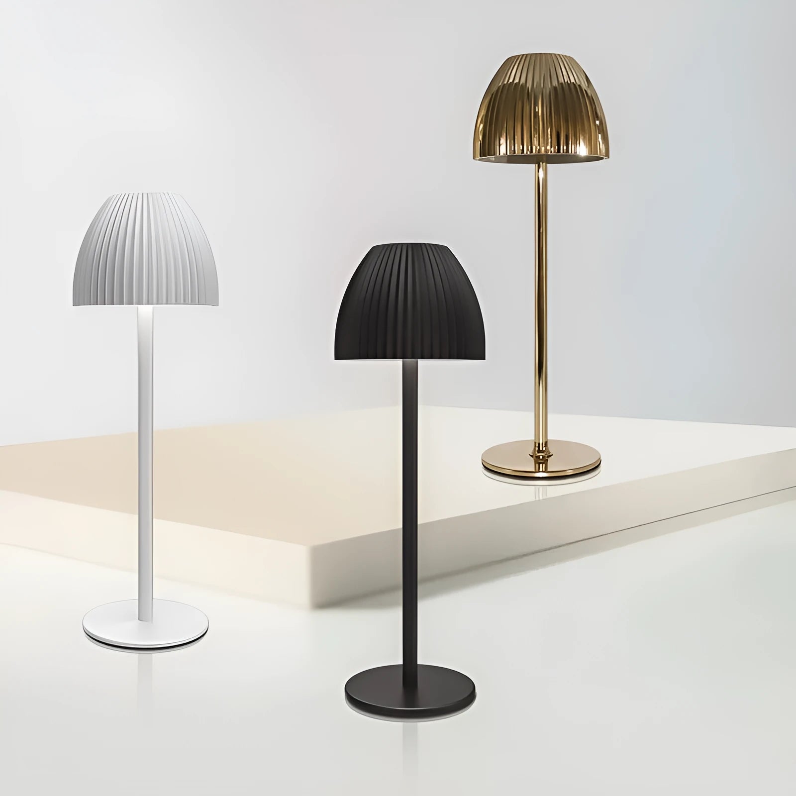 Small modern night lamp with dimming function in black thin round base design on table